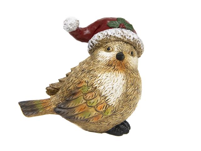 POLYRESIN BIRD WITH SANTA HAT (5.75")